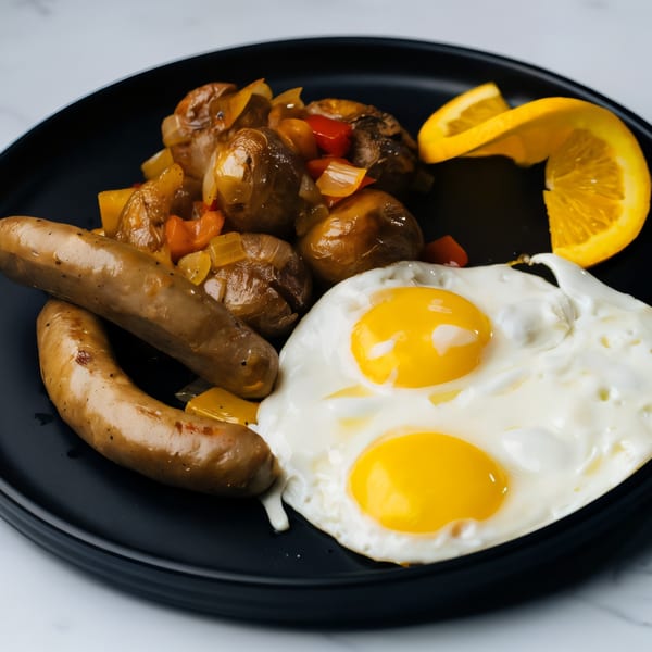 Breakfast plate with two sausages, roasted potatoes and peppers, two fried eggs, and an orange slice.