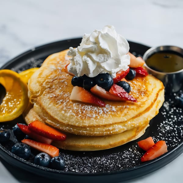 Stack of pancakes topped with whipped cream, strawberries, blueberries, and powdered sugar, with syrup.