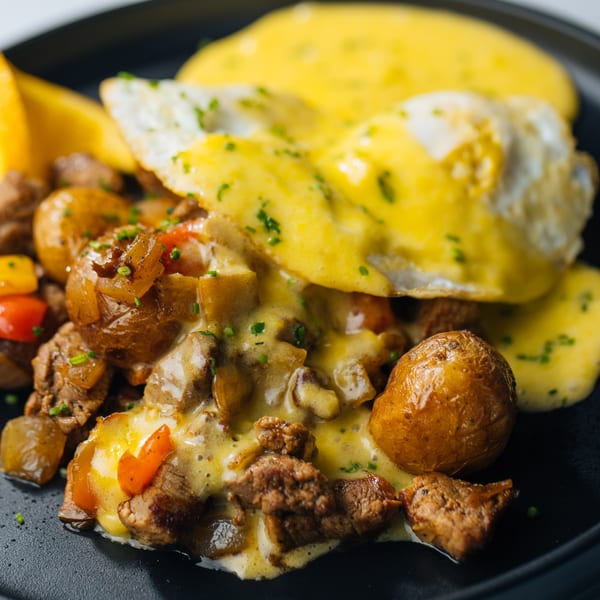 Savory dish with roasted potatoes, steak, bell peppers, and melted cheese, topped with fried eggs.