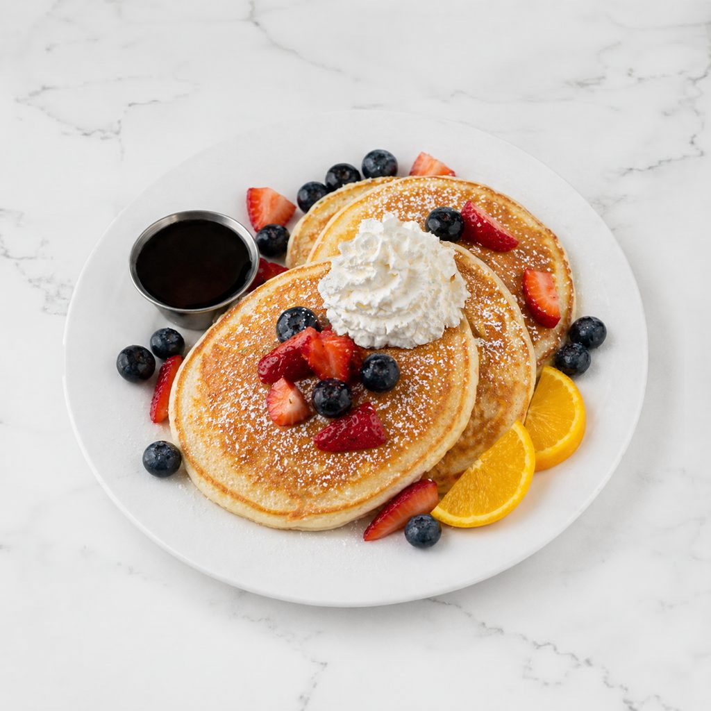 BUTTERMILK PANCAKES w/ MAPLE SYRUP.
